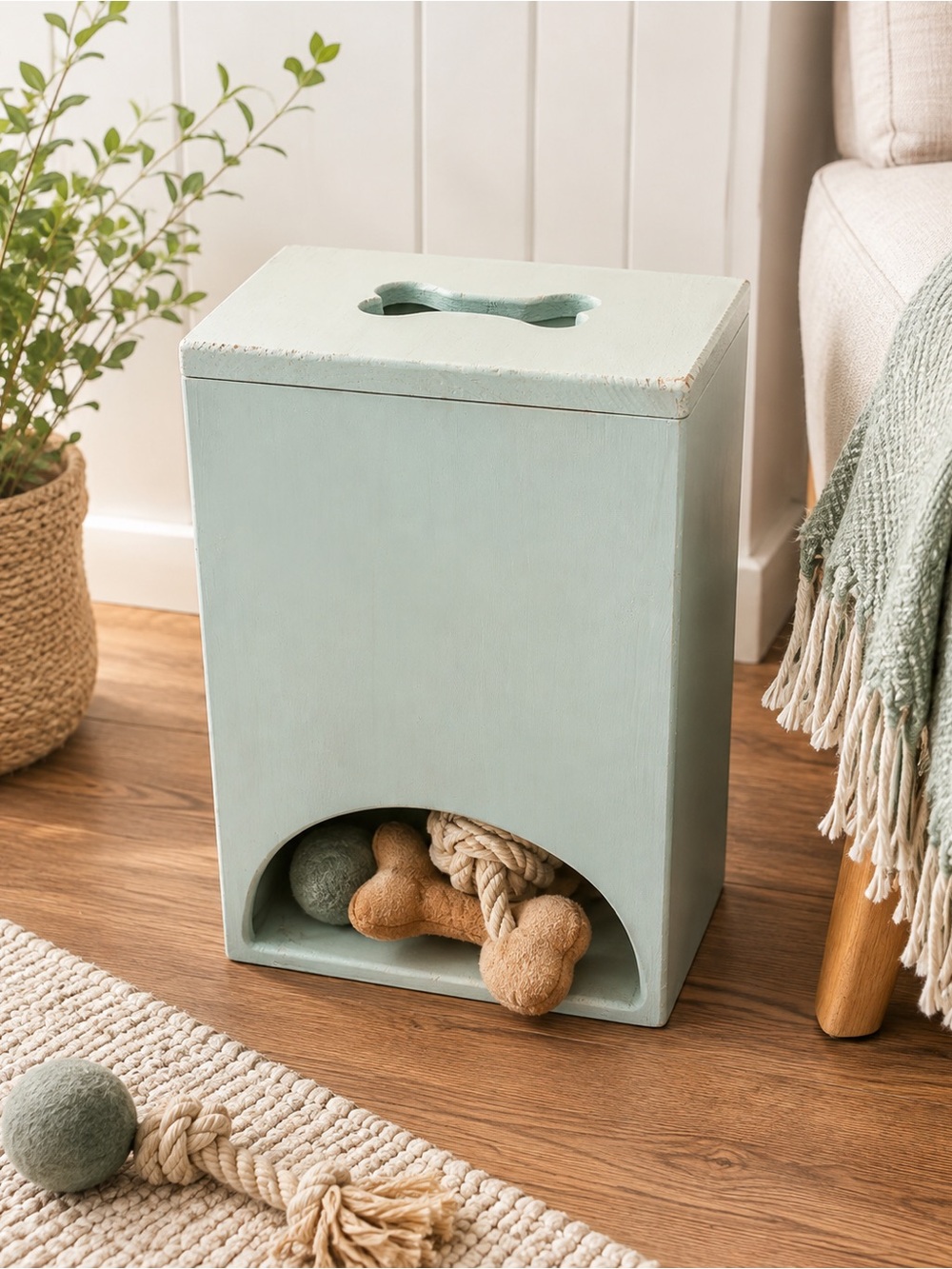 Rustic Wooden Handmade Dog Toy Bin Bone Cut Out Mint Green